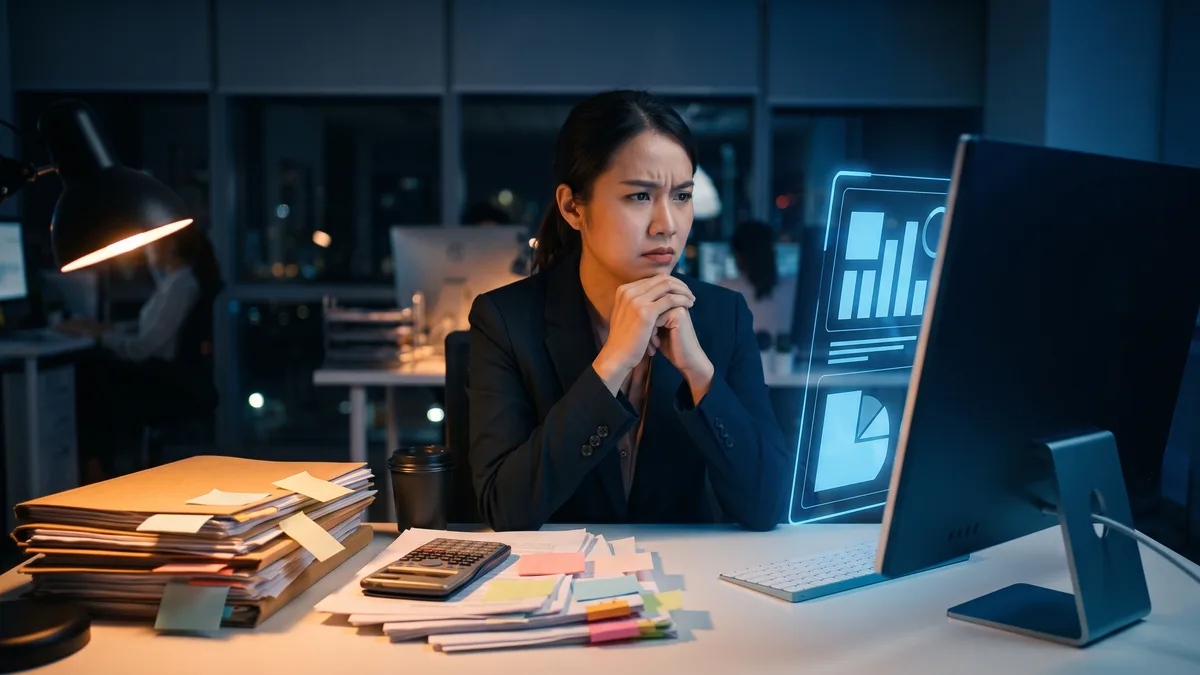 พนักงานออฟฟิศเครียดกับกองเอกสารและงานมือ ประกอบบทความเรื่อง Digital Transformation ที่ล้มเหลวที่คนไม่ใช่ระบบ